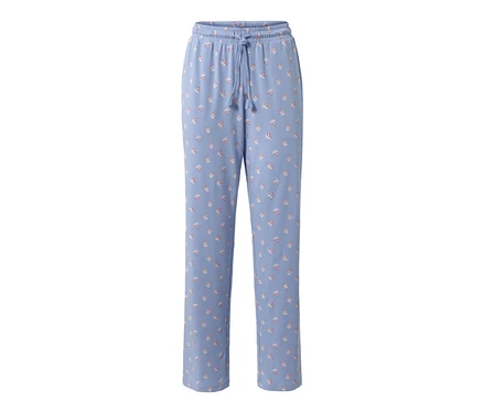 Pantalon de pyjama bleu à motif floral.