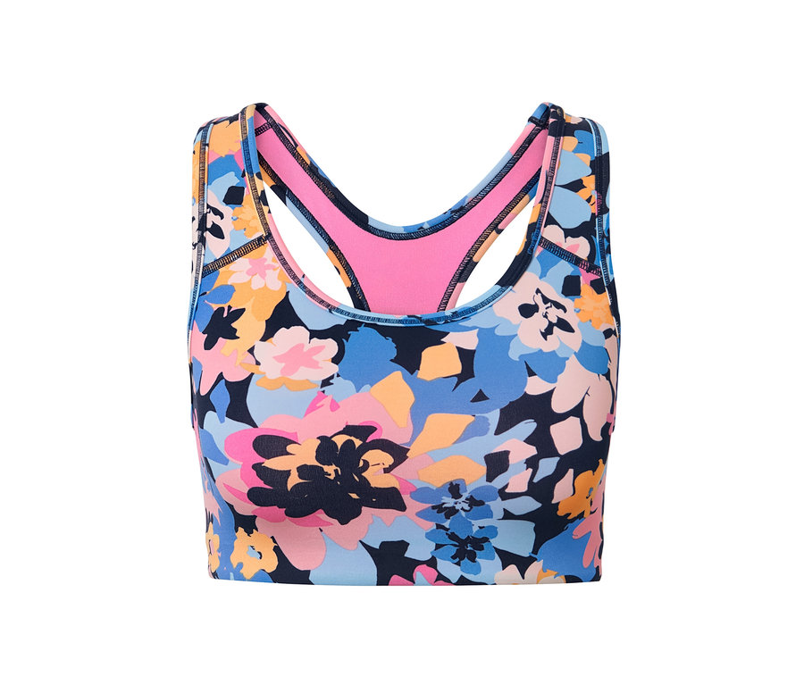 Vue détaillée d'une brassière de sport à motif floral.