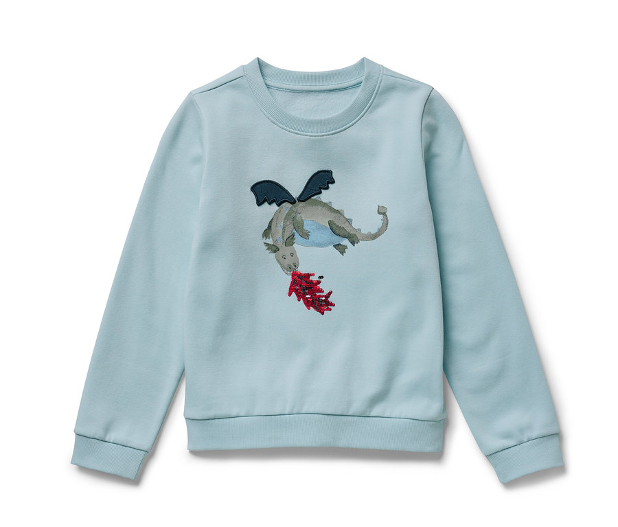 Sweat-shirt bleu clair pour enfant avec intérieur gratté et un dragon.