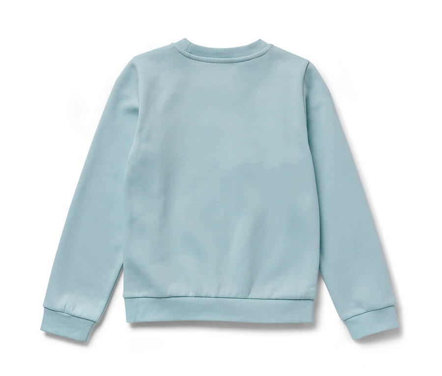 Un sweat-shirt bleu clair pour enfant avec un intérieur gratté et un motif de dragon posé sur un fond blanc.