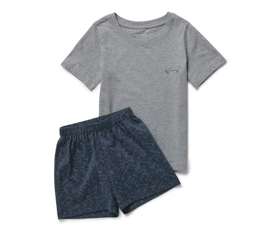 Pyjama court pour enfant : T-shirt gris à manches courtes avec imprimé skateboard et short bleu à motif skateboard.