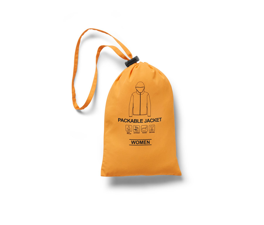 Sac à cordon orange avec icône de veste et inscription Veste fonctionnelle pliable.