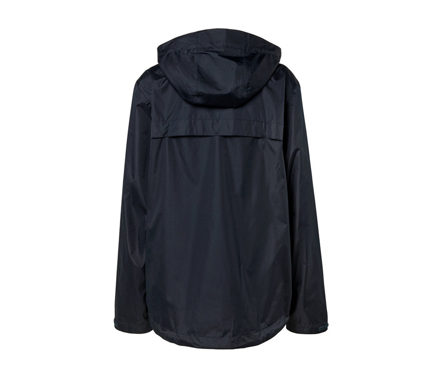 Vue détaillée de l'arrière d'une veste de pluie unisexe avec capuche.