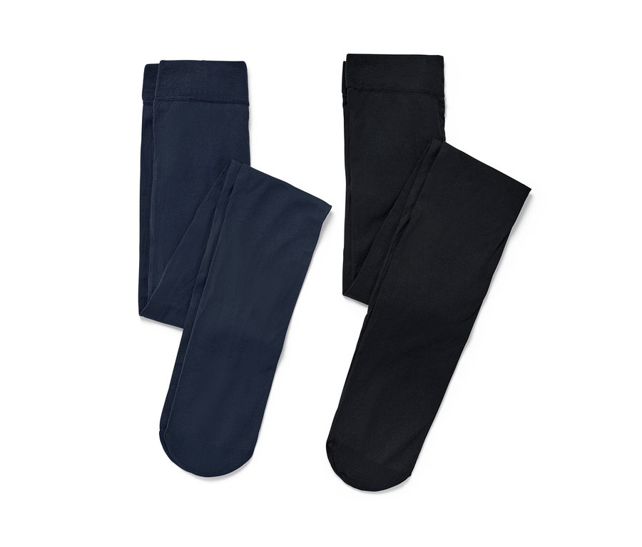 Deux collants en nylon pour enfant : un bleu foncé et un noir.