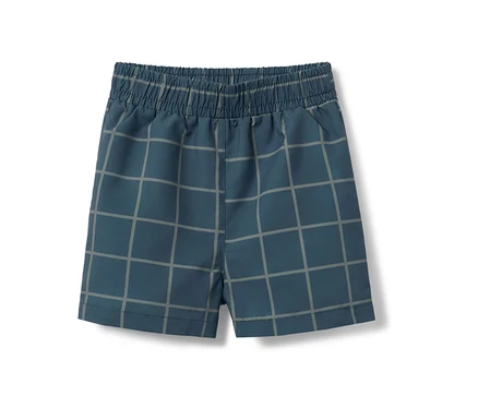 Boardshort pour tout-petit bleu avec motif à carreaux gris.