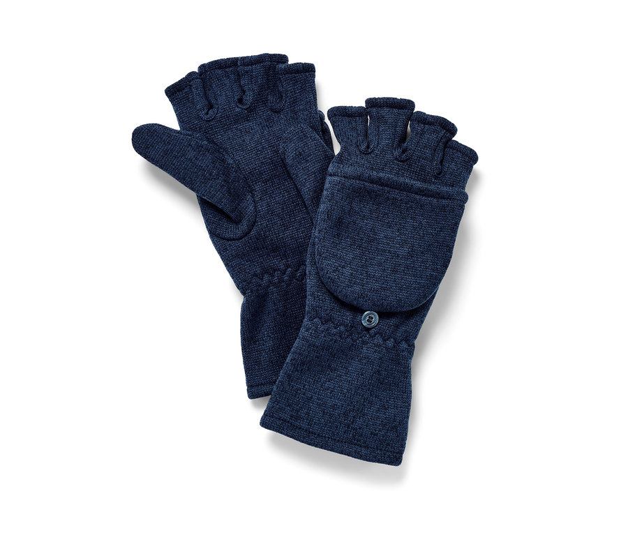 Deux moufles convertibles en polaire tricotée bleu foncé.