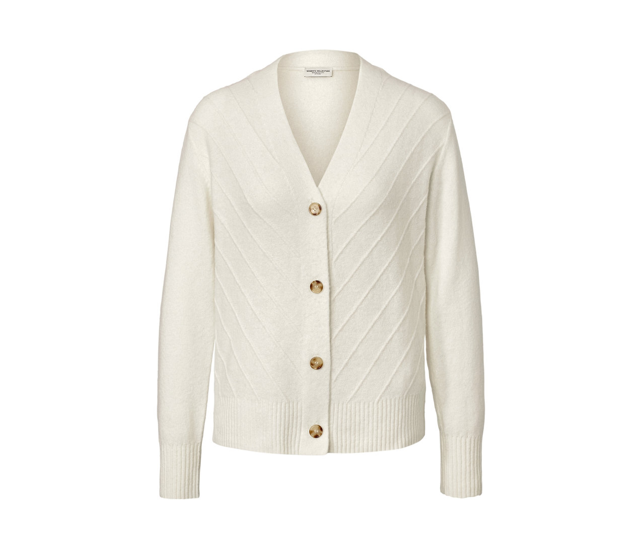 Cardigan blanc crème avec structure tricotée.