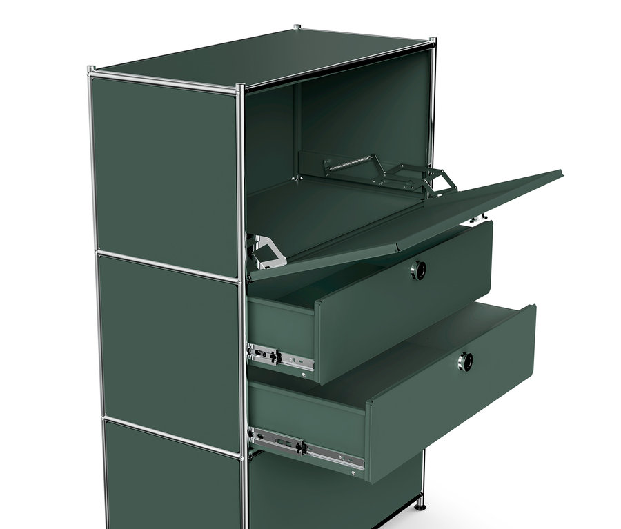 Commode en métal « CN3 » vert olive avec 2 abattants et 2 tiroirs, dont un abattant et un tiroir sont ouverts.