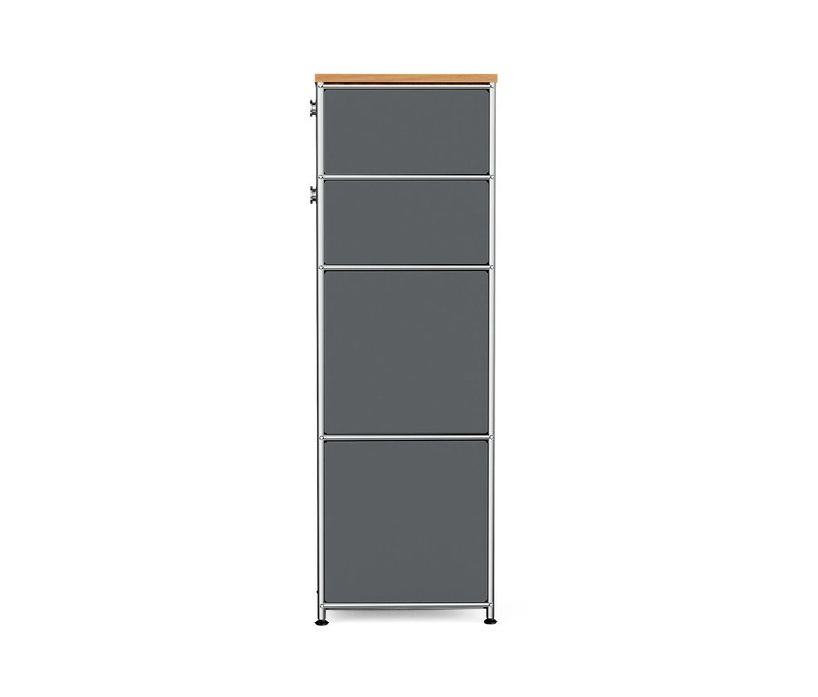 Commode étroite grise en métal « CN3 » avec plateau en bois et deux tiroirs.