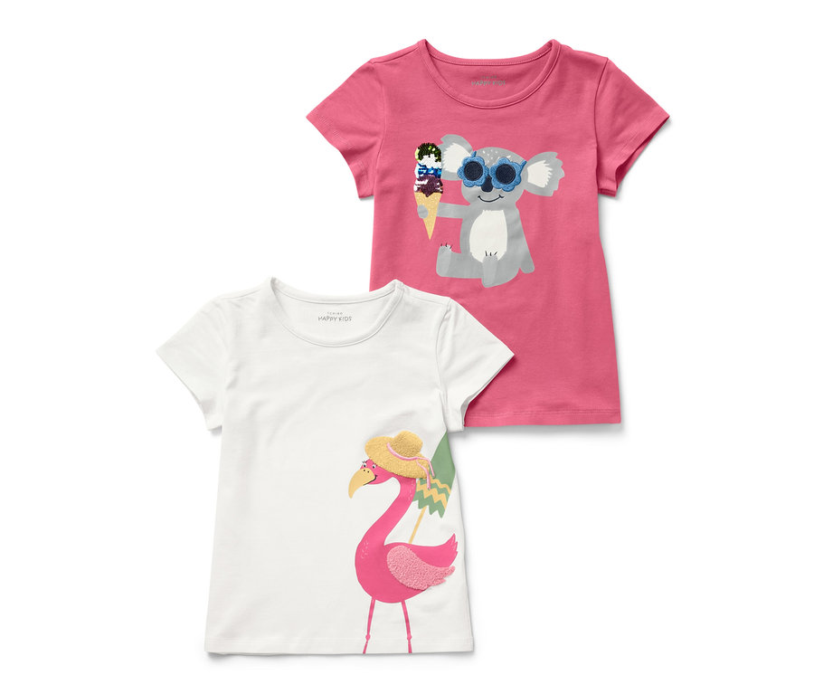 Deux t-shirts pour enfant avec application : un rose avec un koala, un blanc avec un flamant rose.