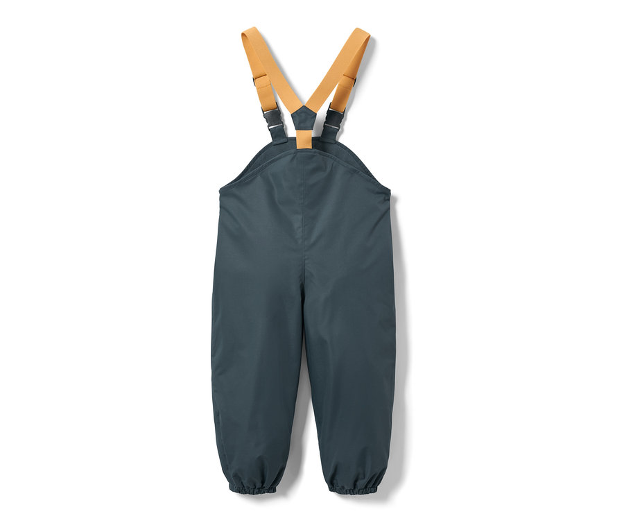 Pantalon de pluie thermique pour enfant, bleu ardoise, avec des bretelles jaunes.