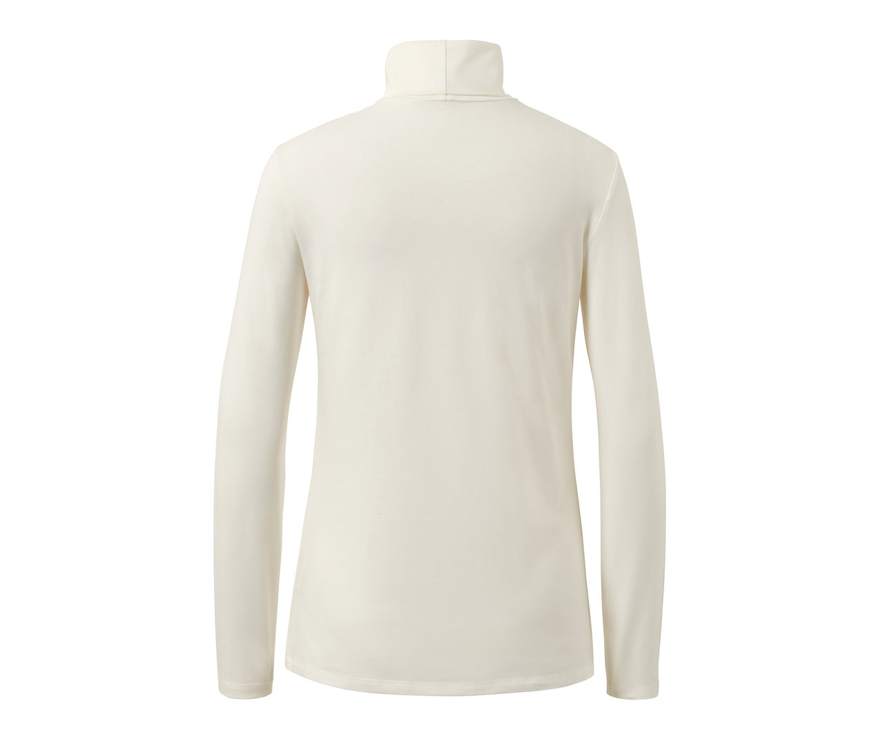 Vue détaillée de l'arrière d'un t-shirt à col roulé crème.