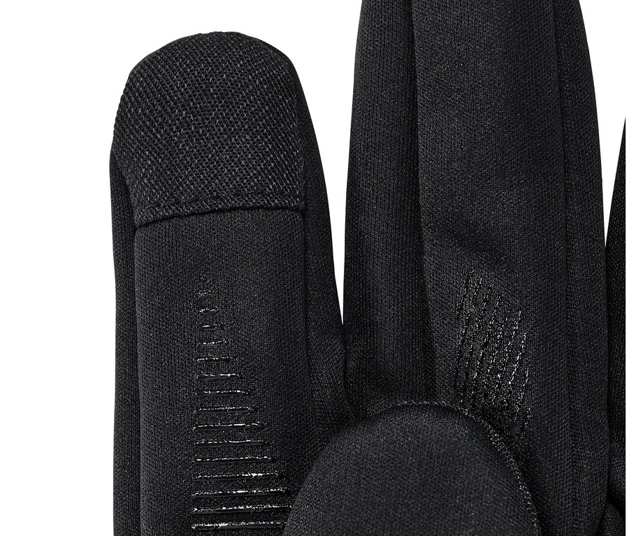 Vue détaillée de gants coupe-vent noirs.