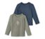 Deux t-shirts côtelés pour bébé : un vert avec une fusée et un bleu.