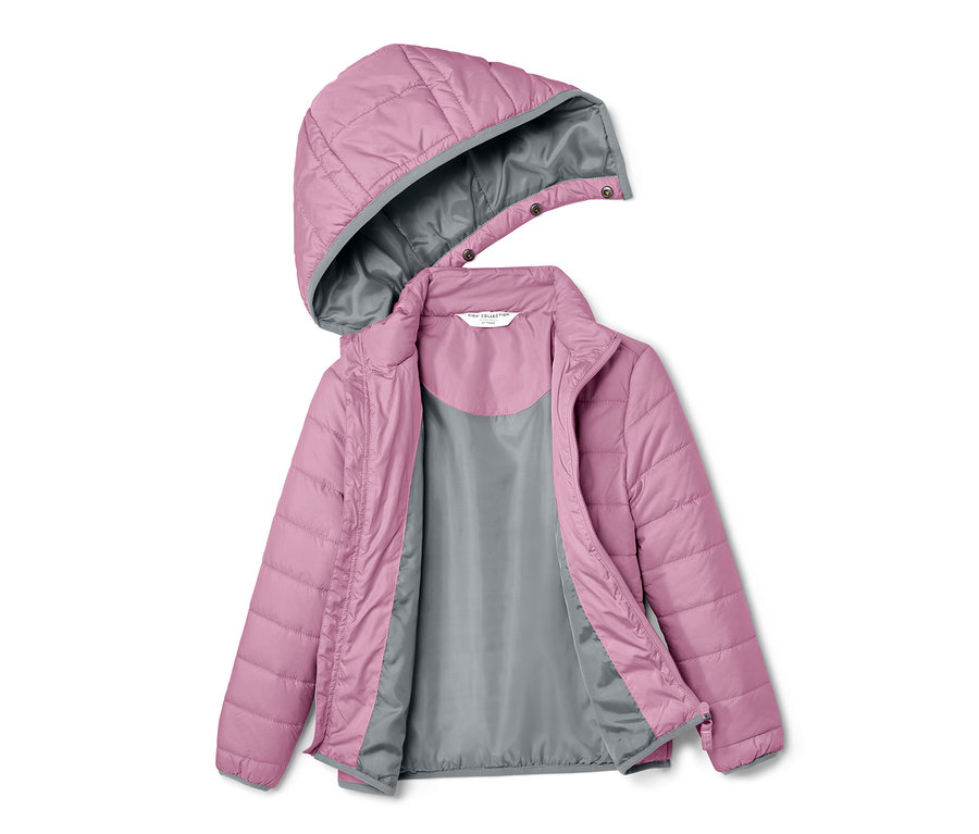 Veste matelassée violette pour enfant avec capuche et doublure grise.