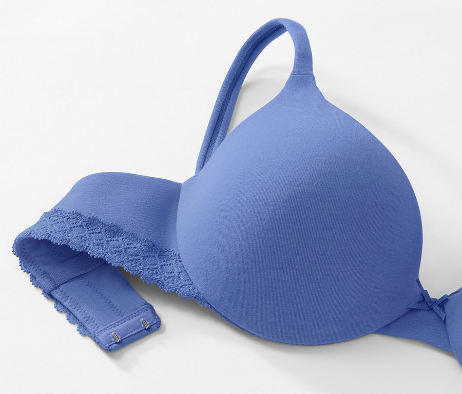 Soutien-gorge invisible bleu sur fond blanc.