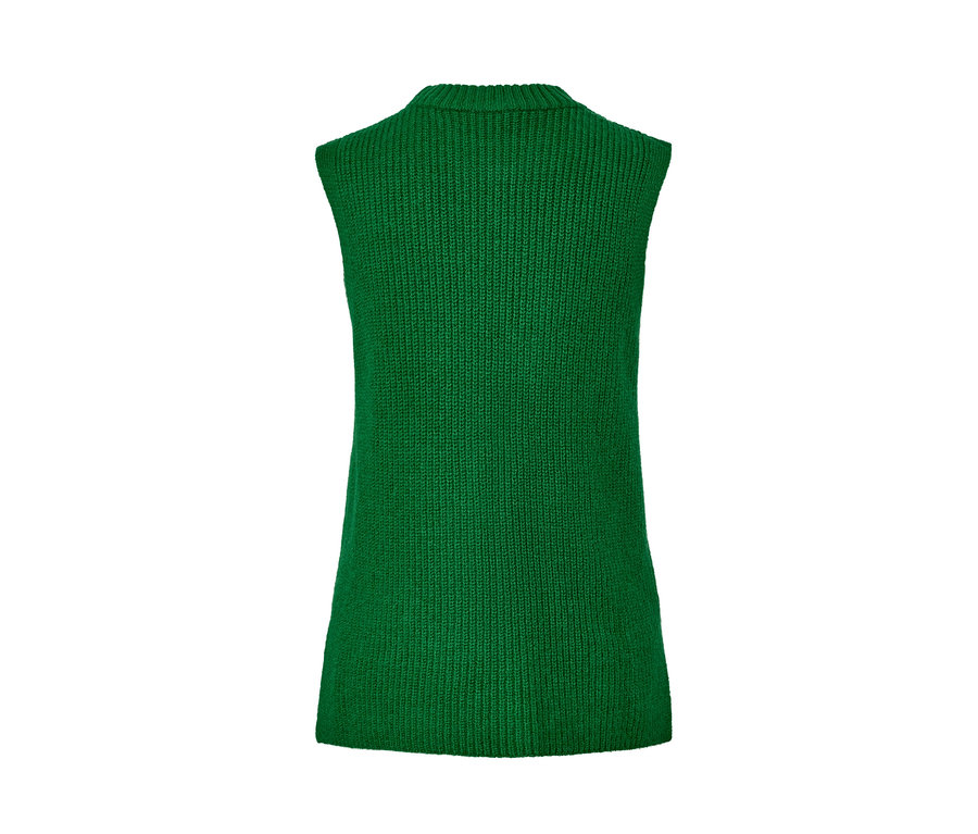 Vue détaillée d'un pull sans manches en maille vert.