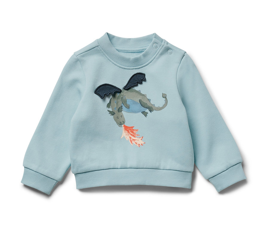 Sweat-shirt bleu clair pour enfant avec intérieur gratté et motif de dragon cracheur de feu.