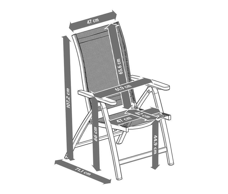 Dimensions de la chaise « Liska » avec dossier haut réglable.