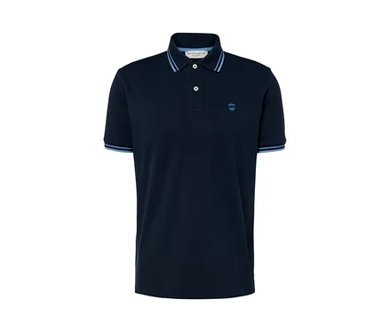 Polo en piqué bleu foncé à manches courtes avec des rayures bleues sur le col et les poignets.