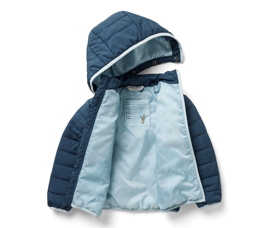 Veste matelassée ouverte pour enfant, bleu marine, avec capuche et doublure claire.