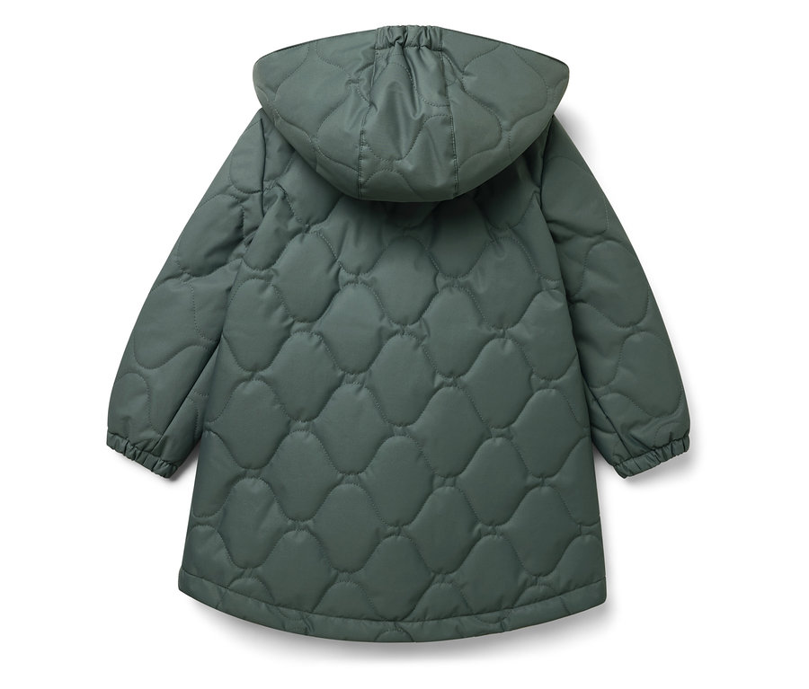 Vue arrière d'une veste matelassée verte avec capuche.