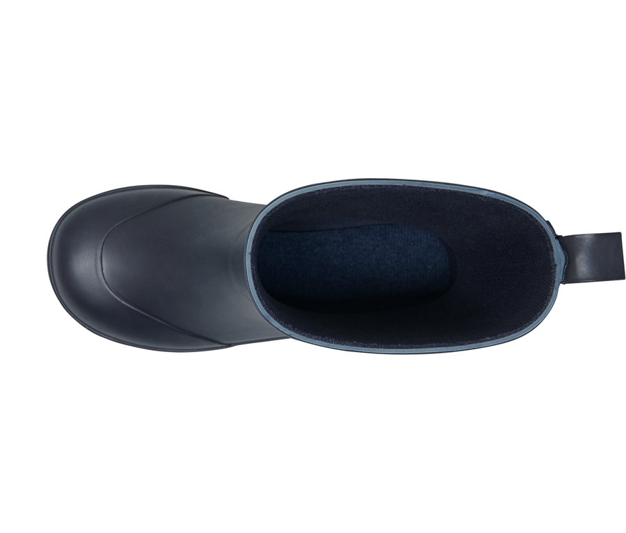 Vue de dessus d'une botte en caoutchouc bleu foncé.