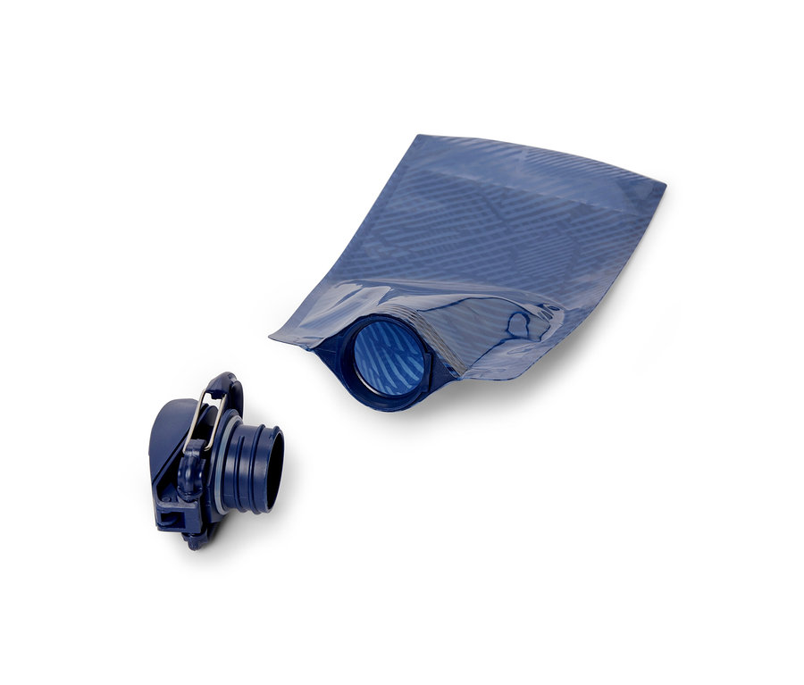 Une gourde bleue, 2 unités, avec un bouchon à côté.