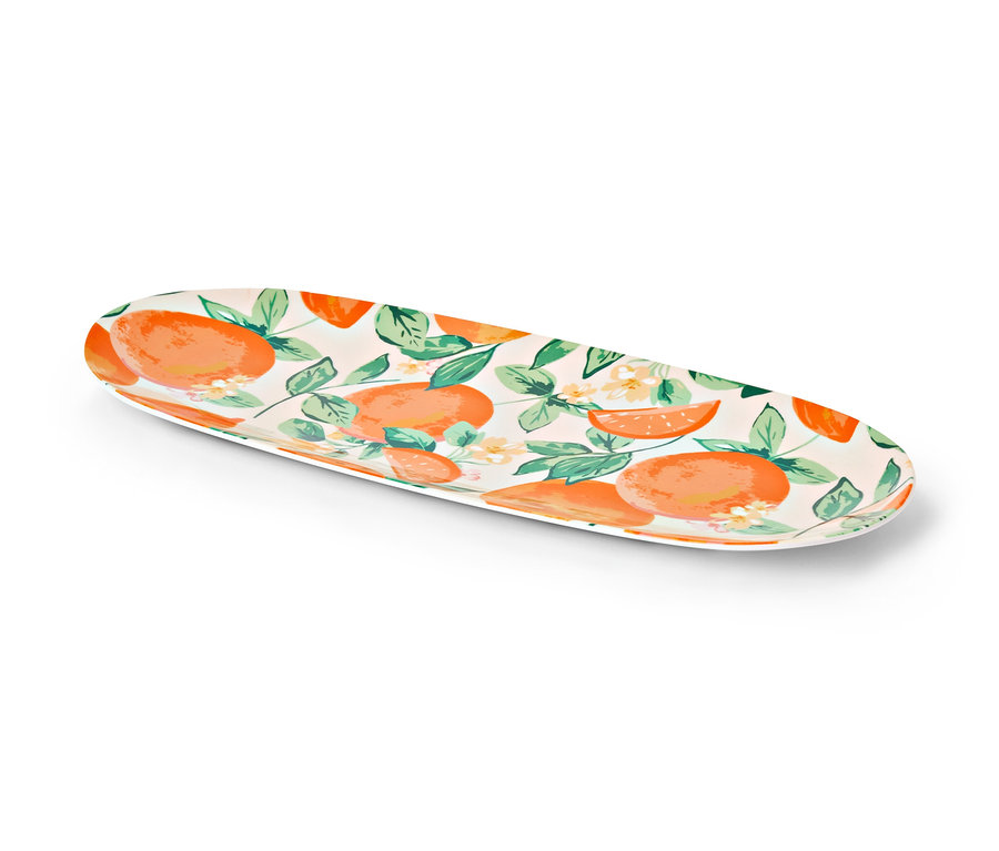 Saladier de service ovale avec un motif d'oranges et de fleurs.