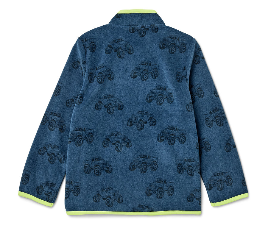 Pull en polaire bleu avec motif de monster trucks et bordure vert néon.