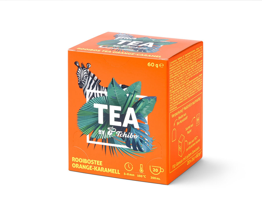 Boîte orange de TEA by Tchibo Rooibos orange-caramel – 8x 20 sachets.