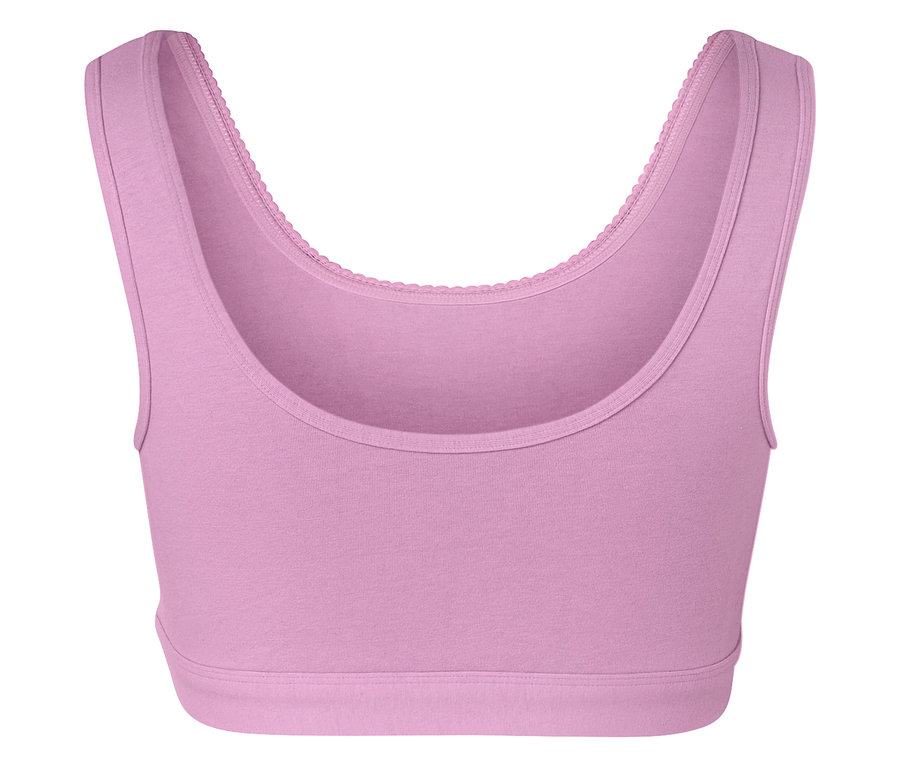 Gros plan d'un soutien-gorge de sport lilas avec bordure décorative.