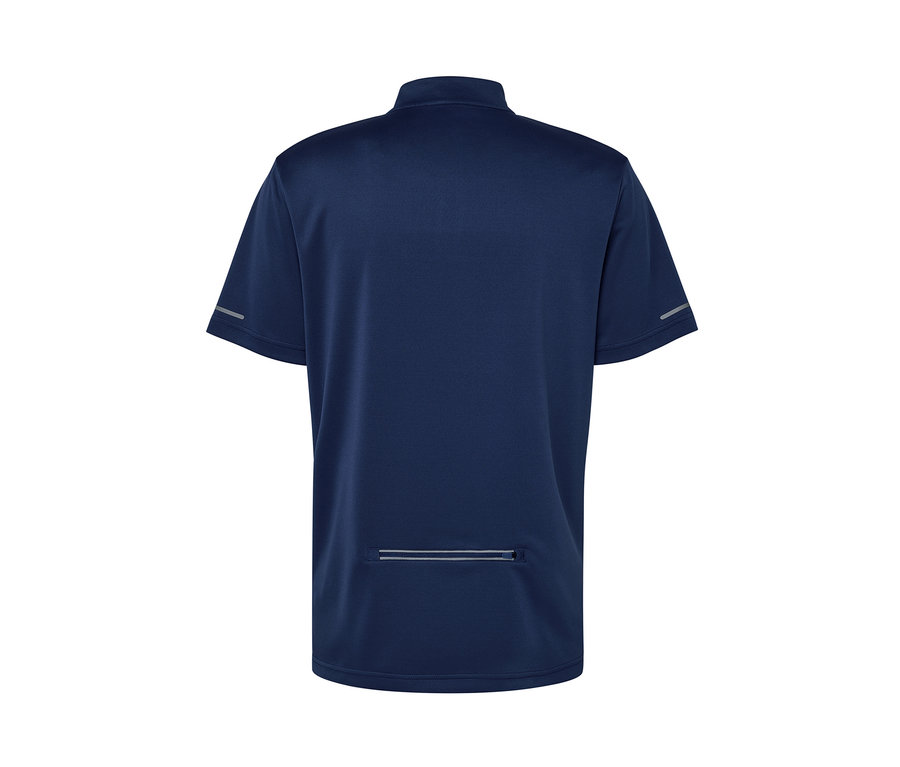 Maillot de cyclisme bleu marine à manches courtes avec détails réfléchissants.