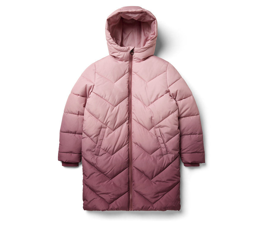 Doudoune rose matelassée avec capuche et fermeture éclair.
