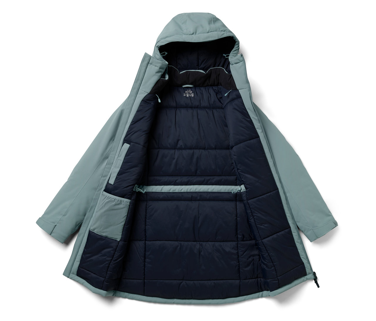 Veste à capuche ouverte vert clair avec intérieur bleu foncé.