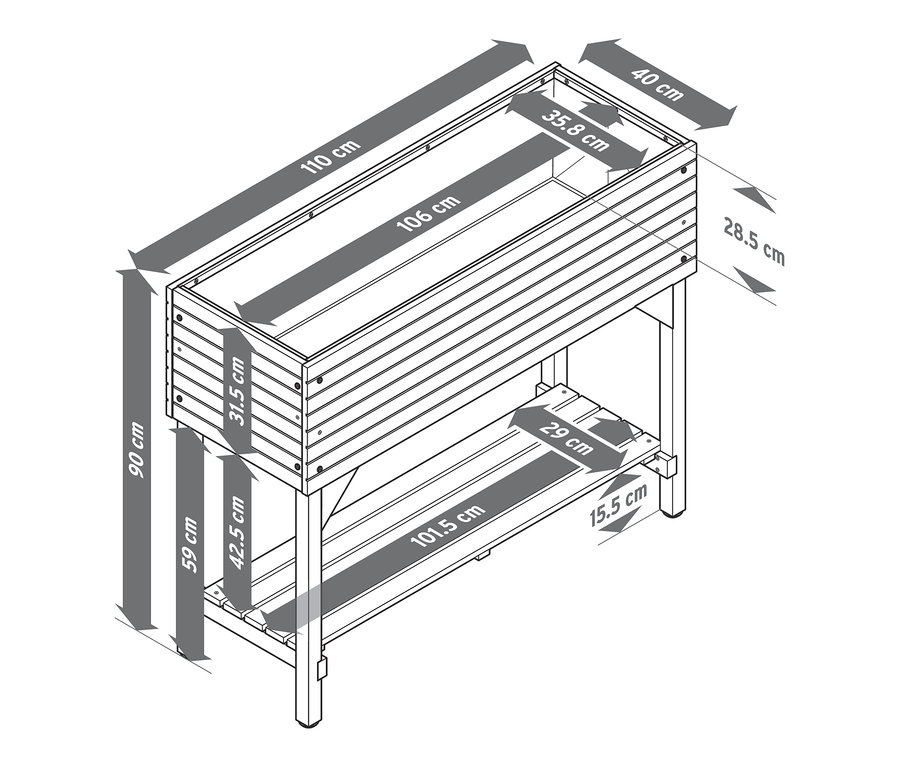 Les dimensions du potager surélevé avec étagère « Tinus » sont indiquées par des flèches.