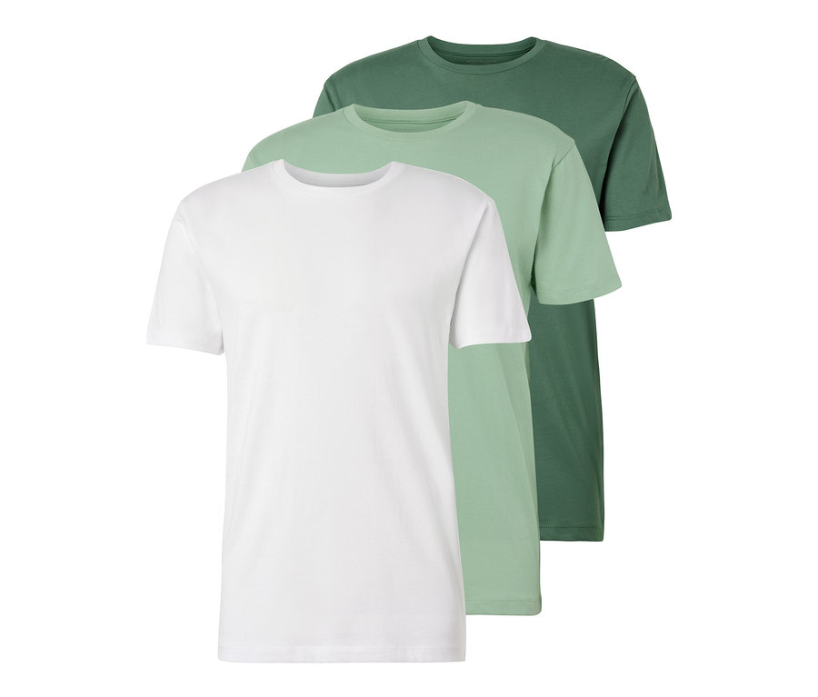 Trois t-shirts à encolure ronde en blanc, vert clair et vert foncé.