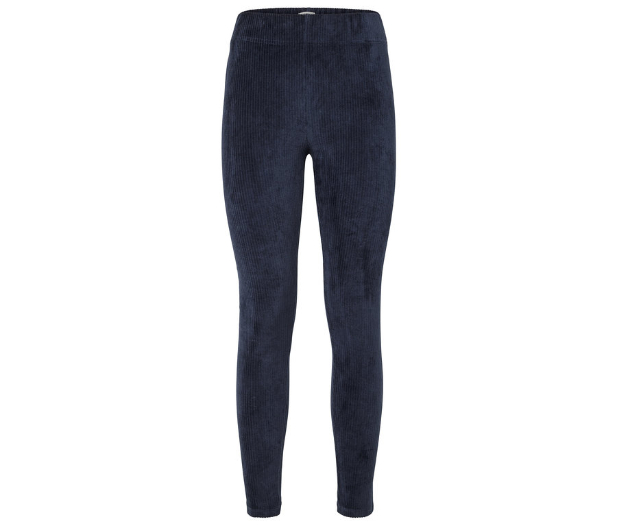 Un legging bleu marine en velours côtelé sur fond blanc.