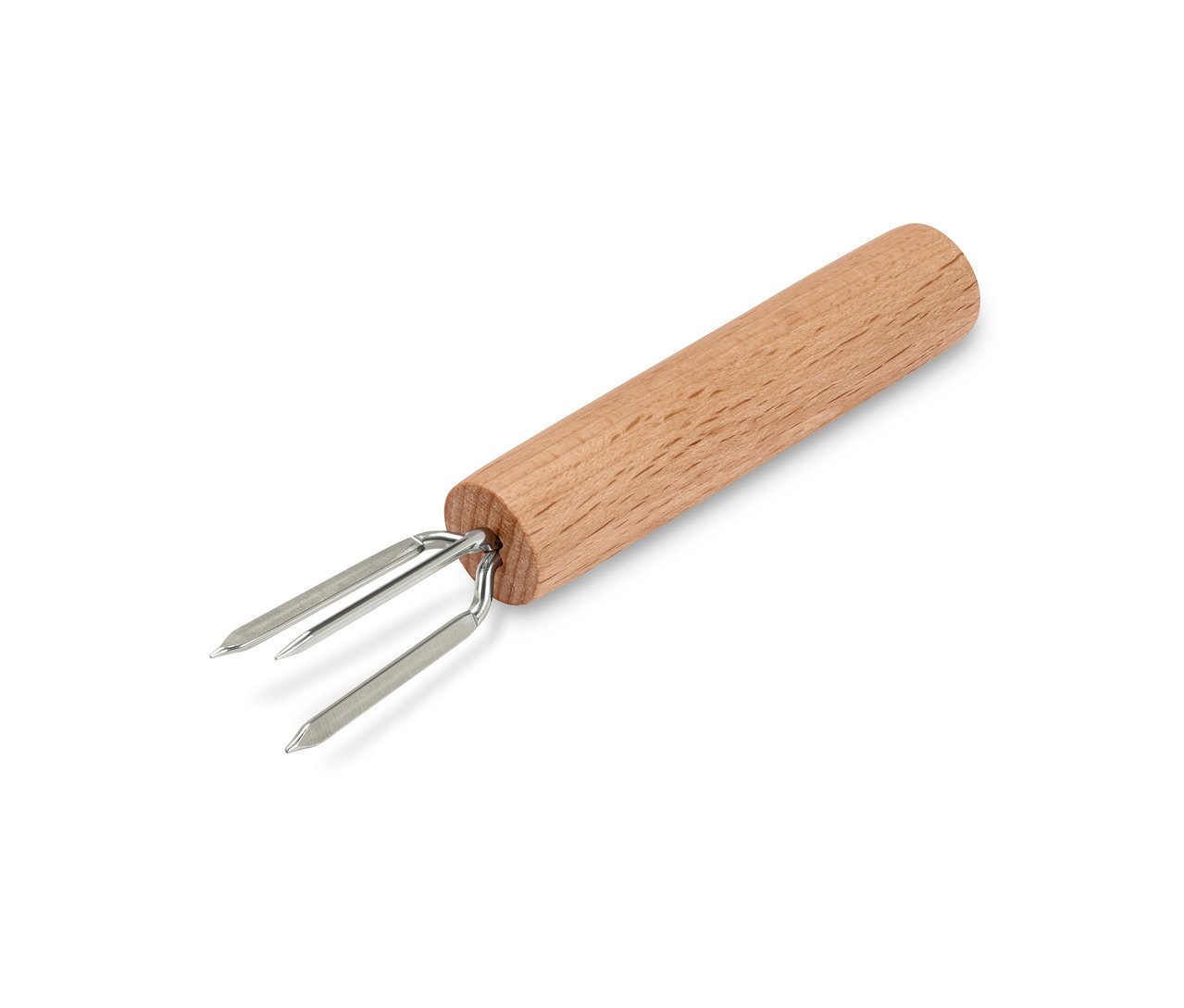 Un pique à épis de maïs avec un manche en bois et deux pointes argentées.