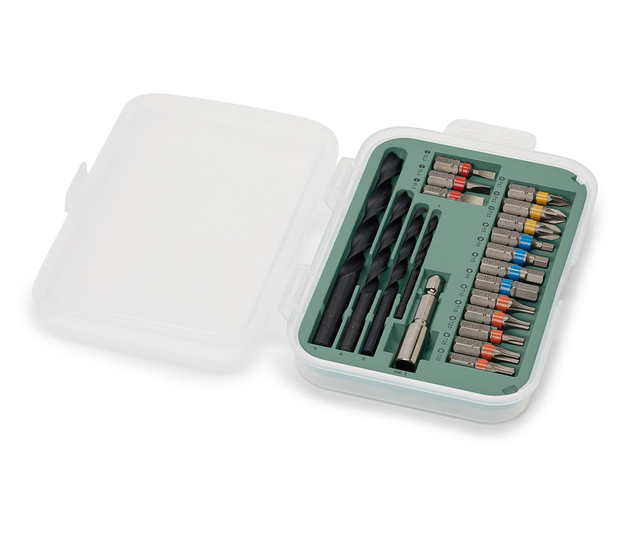 Un jeu d'outils pour visseuses et perceuses dans une boîte ouverte.