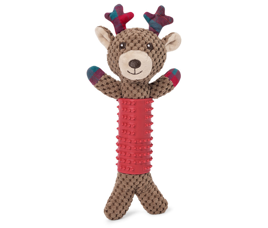 Jouet en peluche marron pour chien en forme de renne avec un corps en caoutchouc rouge et des bois à carreaux.