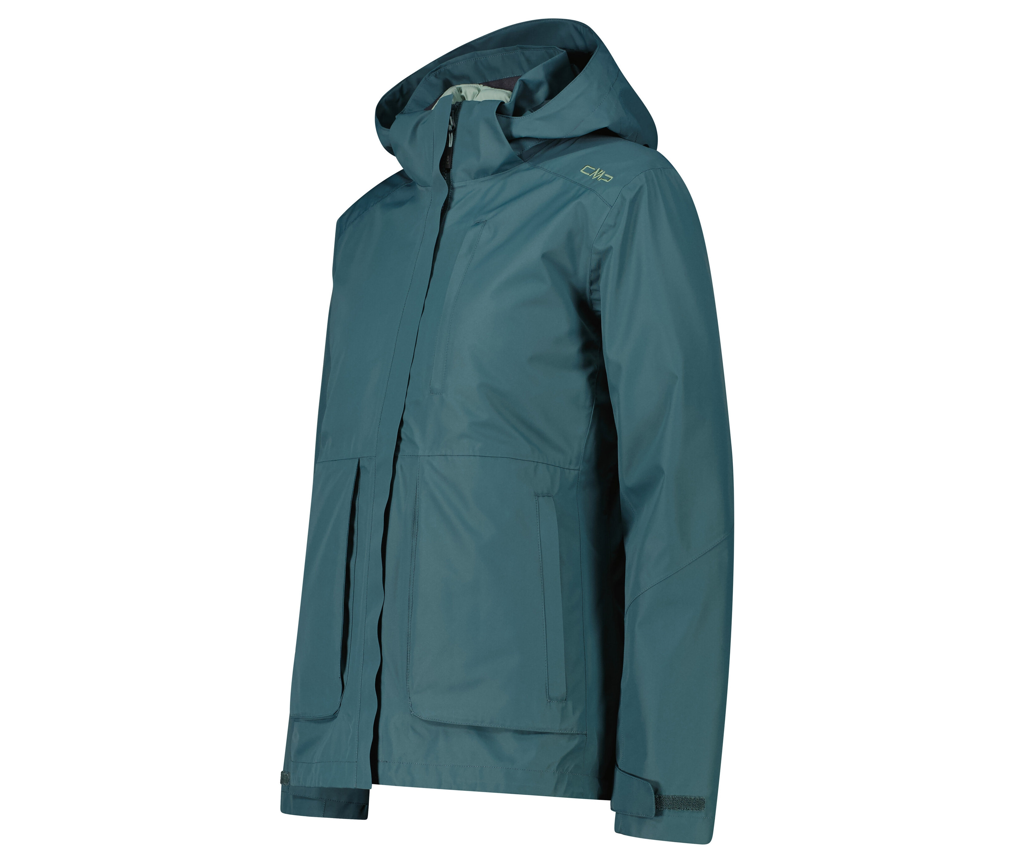 Veste turquoise à capuche.