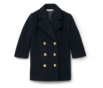 Manteau croisé bleu marine avec boutons dorés.