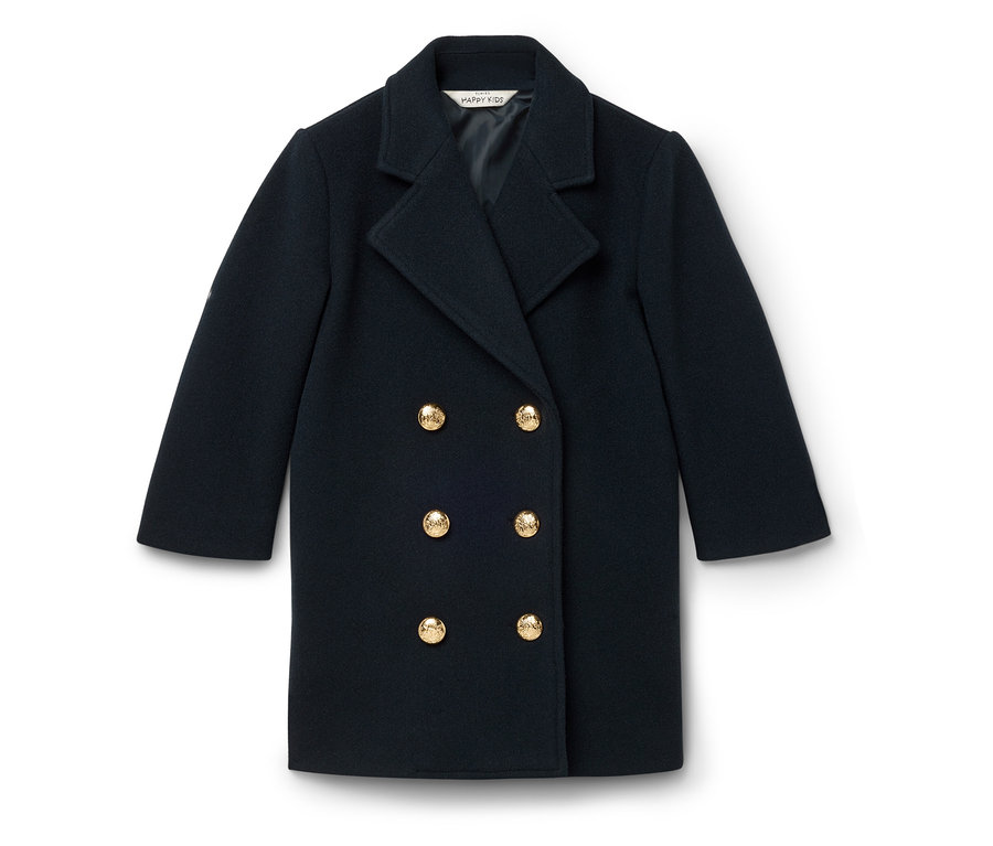 Manteau croisé bleu marine avec boutons dorés.