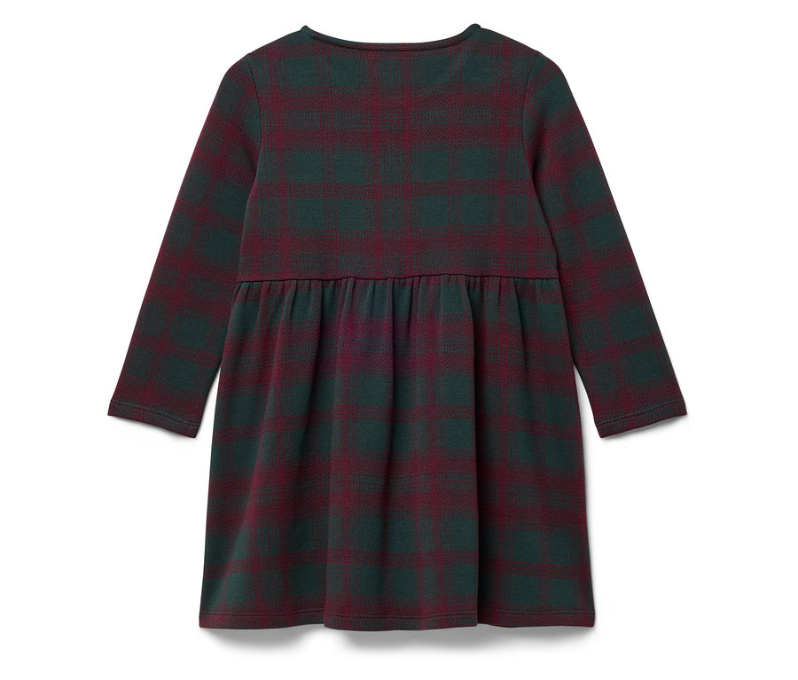 Vue arrière d'une robe à manches longues pour fille avec un motif à carreaux vert foncé et bordeaux.