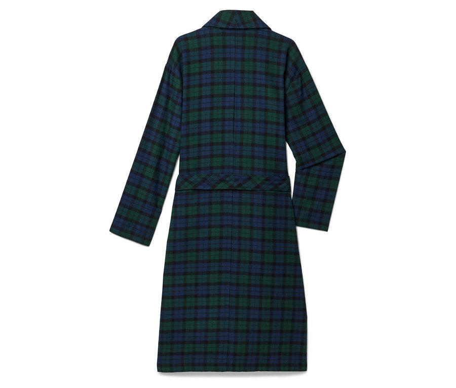Vue arrière d'un manteau à carreaux dans les tons de vert et de bleu marine.