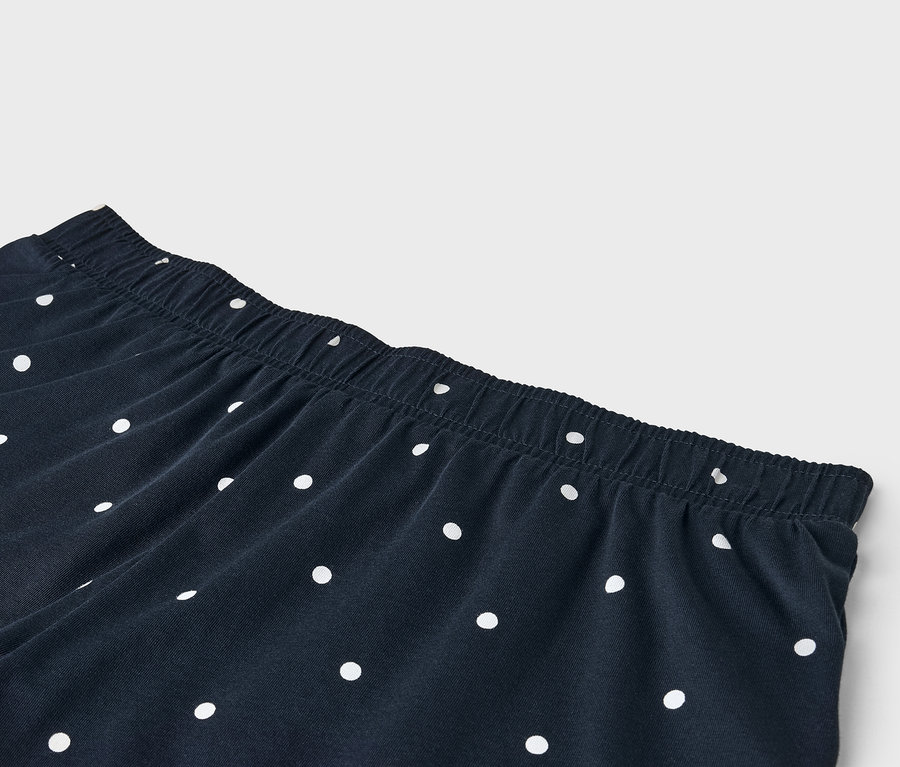 Gros plan sur un pantalon bleu marine à pois blancs avec une taille élastique.