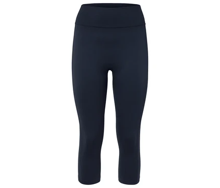 Leggings bleu foncé arrivant au genou sur fond blanc.