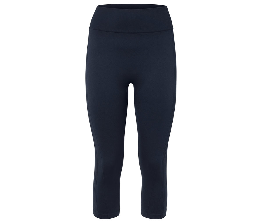 Leggings bleu foncé arrivant au genou sur fond blanc.