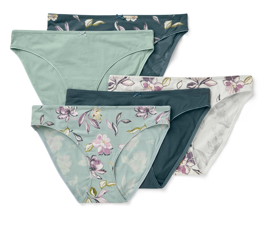 Six culottes pour femmes de différentes couleurs et motifs sont disposées les unes sur les autres.